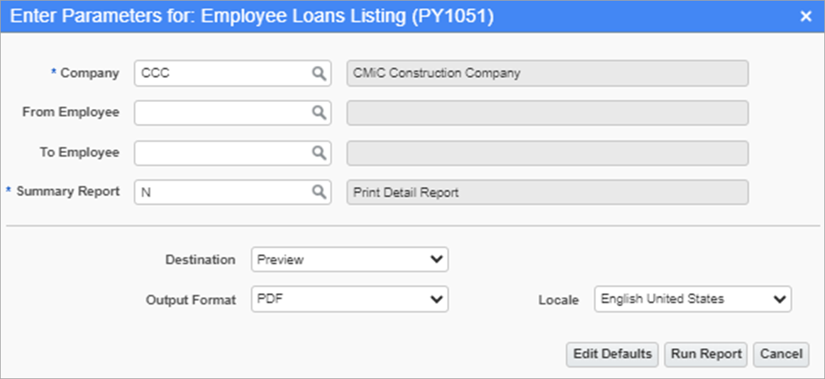 Screenshot of Employee Loans Listing parameter screen
