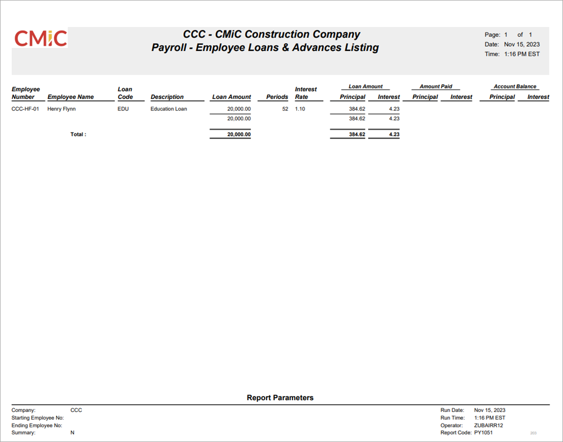 Image of sample Employee Loans and Advances Listing Report