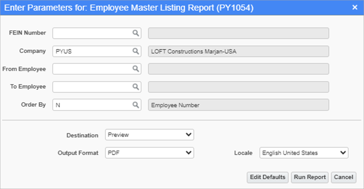 Screenshot of Employee Master Listing Report parameter screen