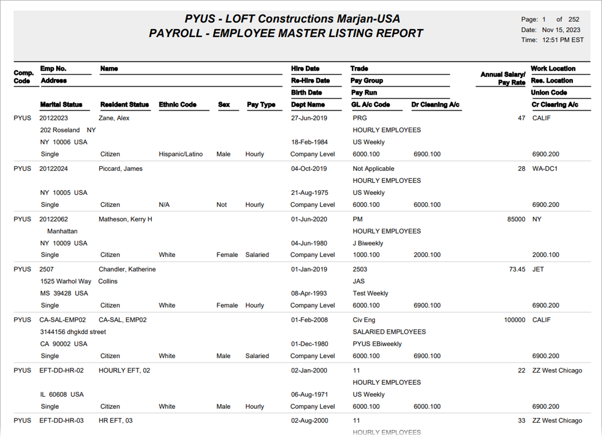 Image of sample Employee Master Listing Report