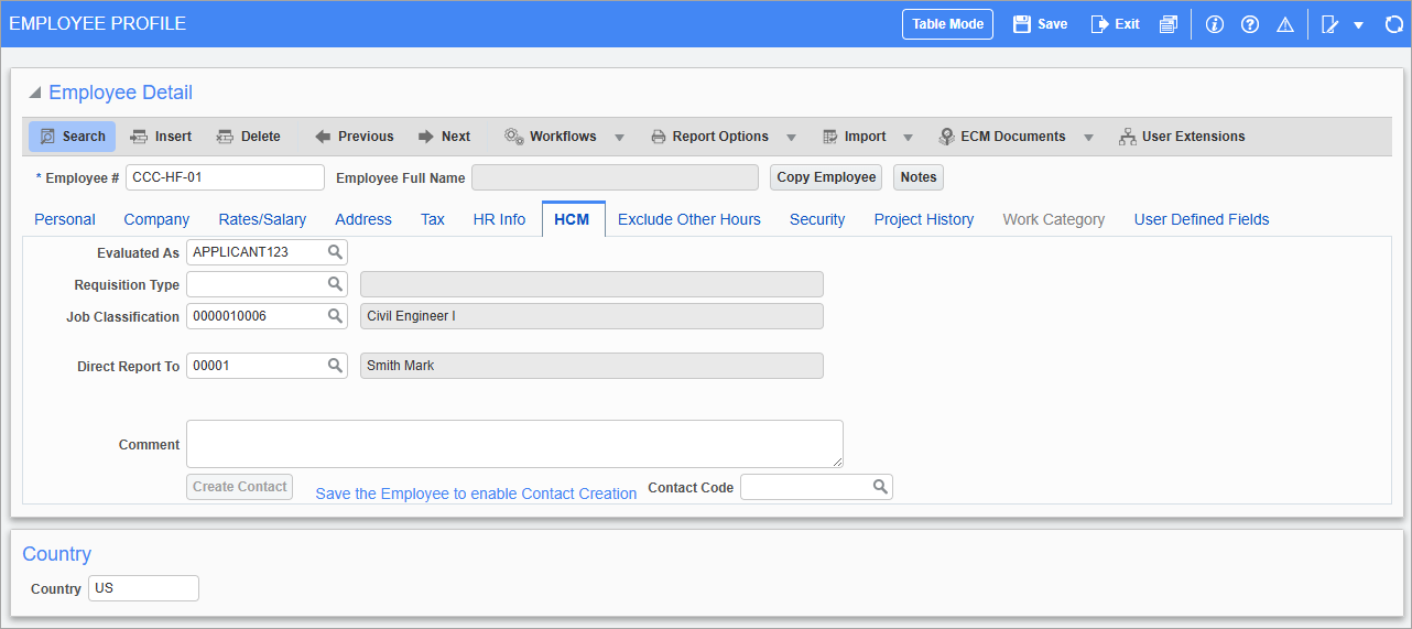 Screenshot of HCM tab with Direct Report To field.