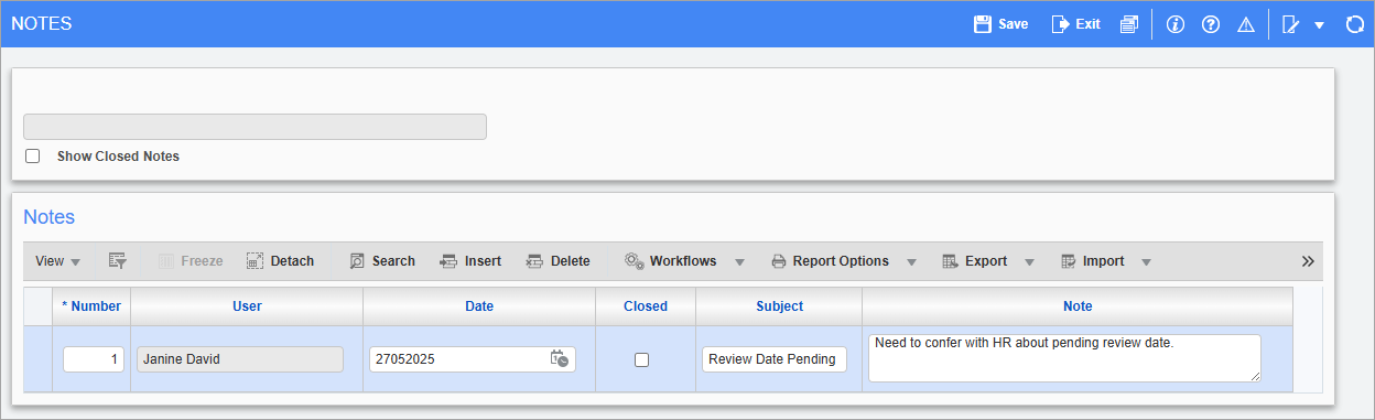 Screenshot of Notes pop-up.