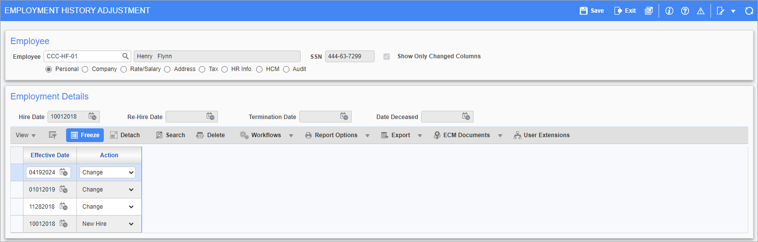 Screenshot of Employment History Adjustment