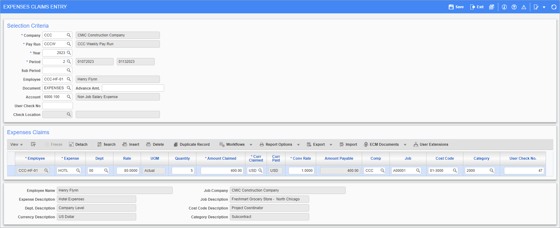 Screenshot of Expenses Claims Entry