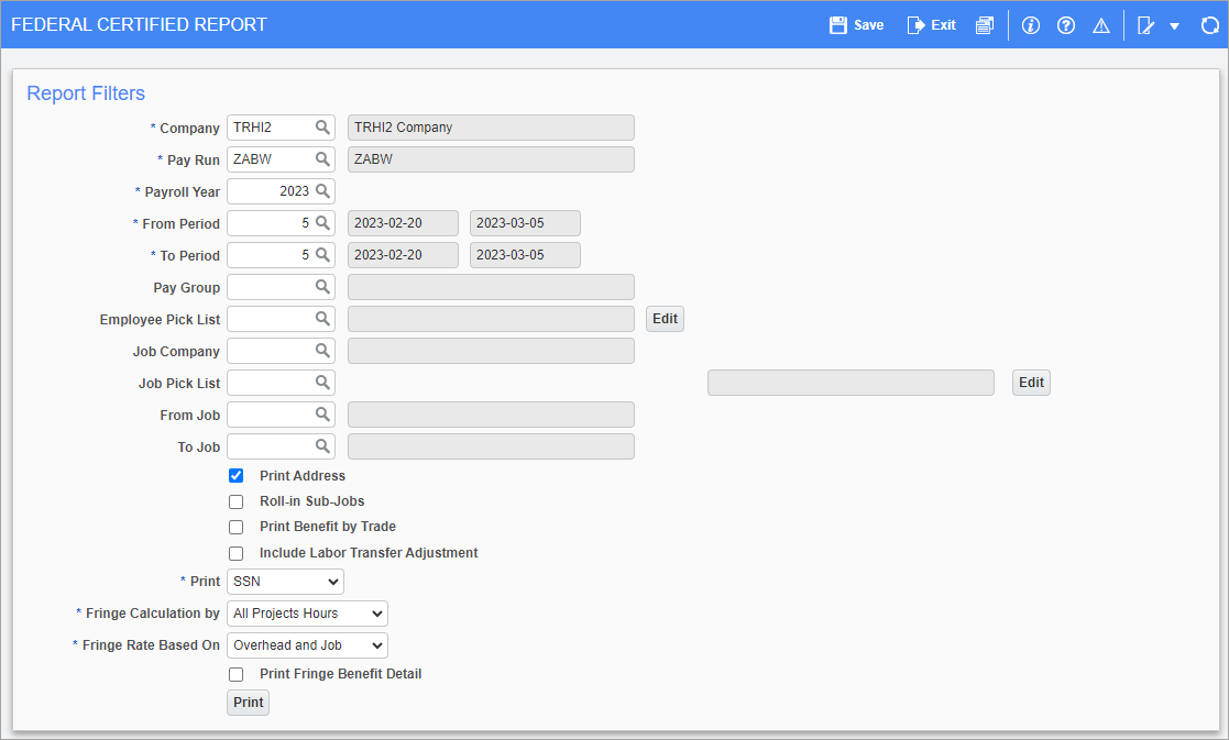 Screenshot of Federal Certified Report screen