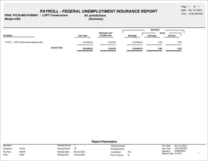 Image of sample Federal Unemployment Insurance Report