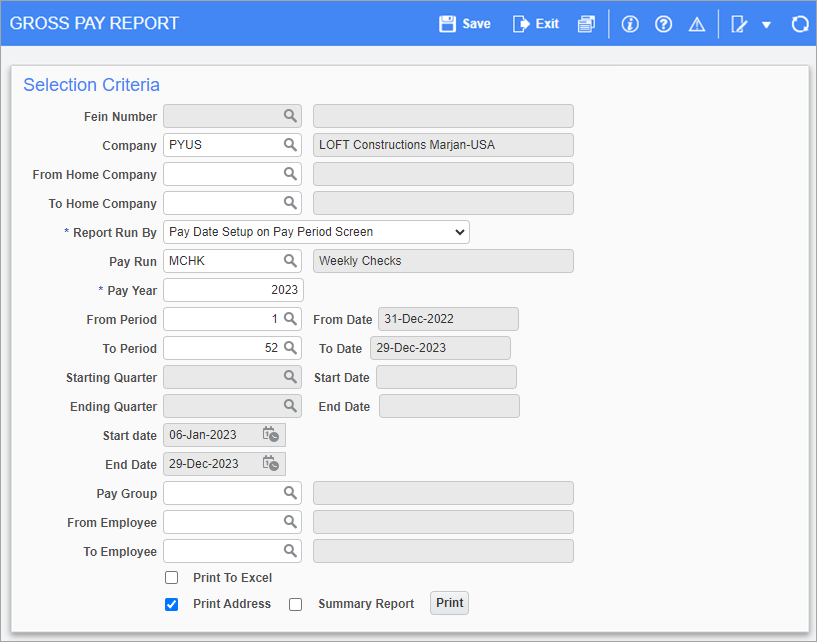 Screenshot of Gross Pay Report screen