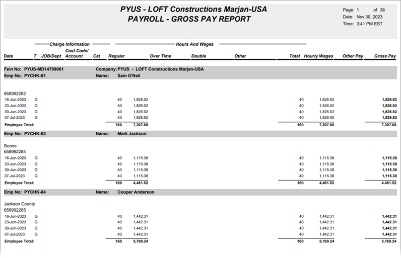 Image of sample Gross Pay Report