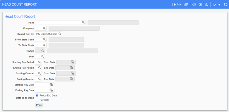 Screenshot of Head Count Report