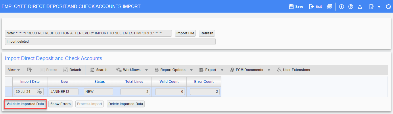 Screenshot of Employee Direct Deposit And Check Accounts Import with [Validate Imported Data] button highlighted