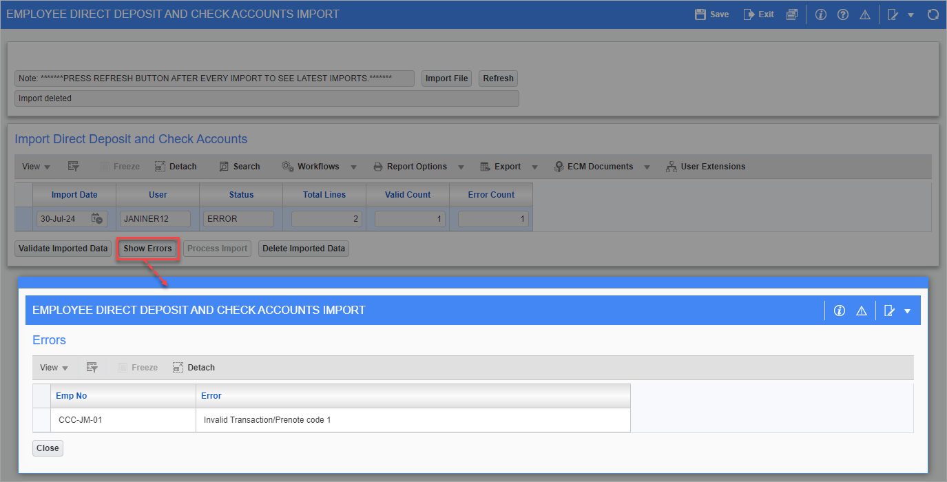 Screenshot of Errors pop-up launched from [Show Errors] button