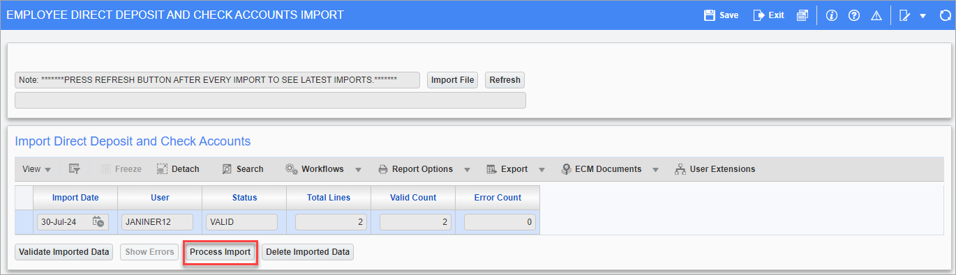 Screenshot of Employee Direct Deposit And Check Accounts Import with [Process Import] button highlighted