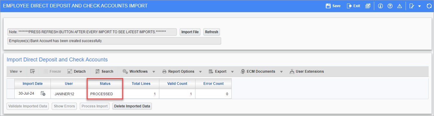 Screenshot of Employee Direct Deposit And Check Accounts Import with example of processed data