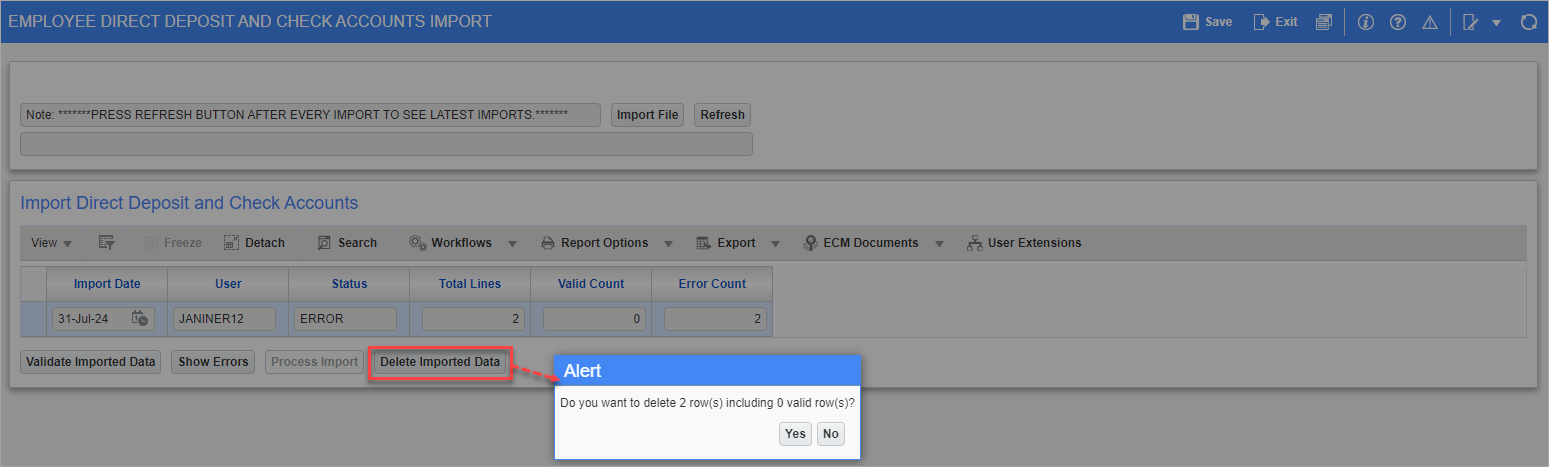 Screenshot of confirmation pop-up launched from [Delete Imported Data] button
