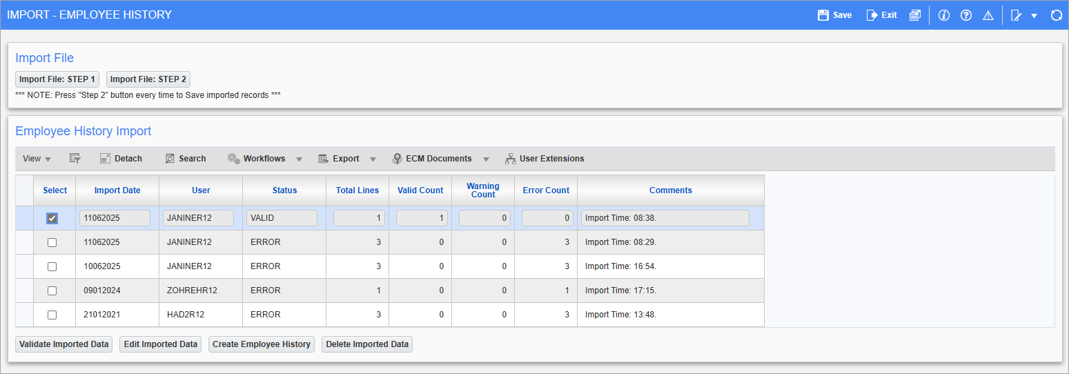 Screenshot of Import Emloyee History.
