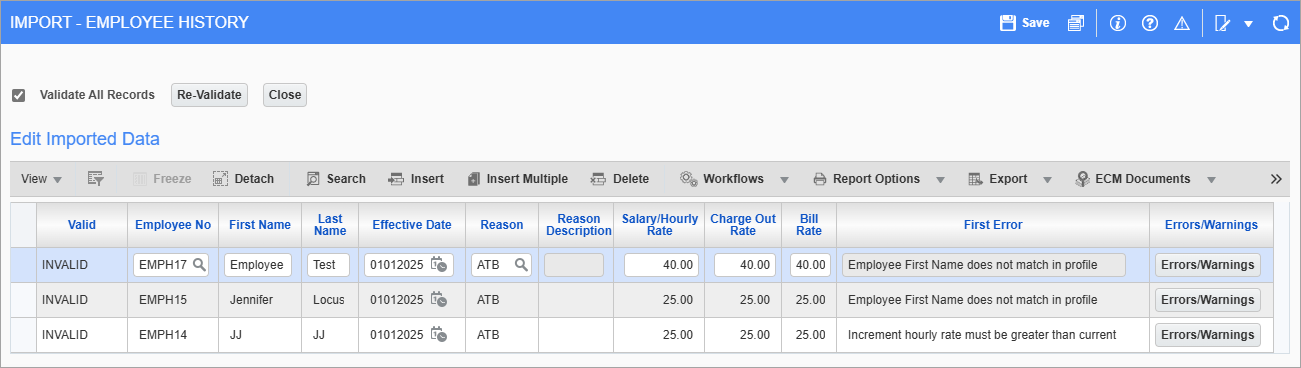 Screenshot of Edit Imported Data pop-up.