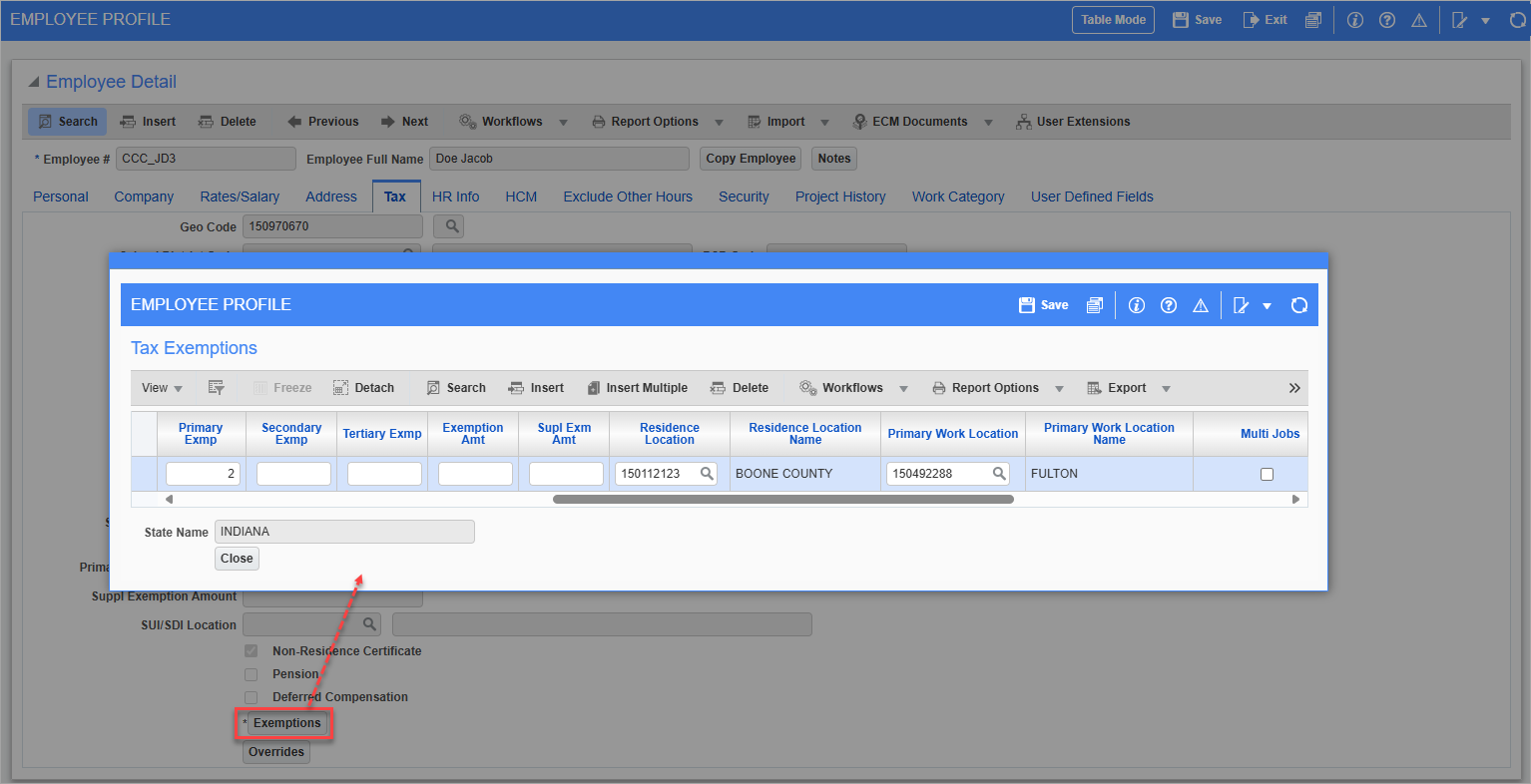Screenshot of Tax Exemptions pop-up launched from [Exemptions] button on Employee Profile.