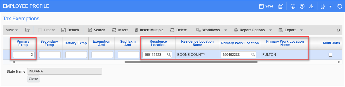 Screenshot of Tax Exemptions with highlighted fields.
