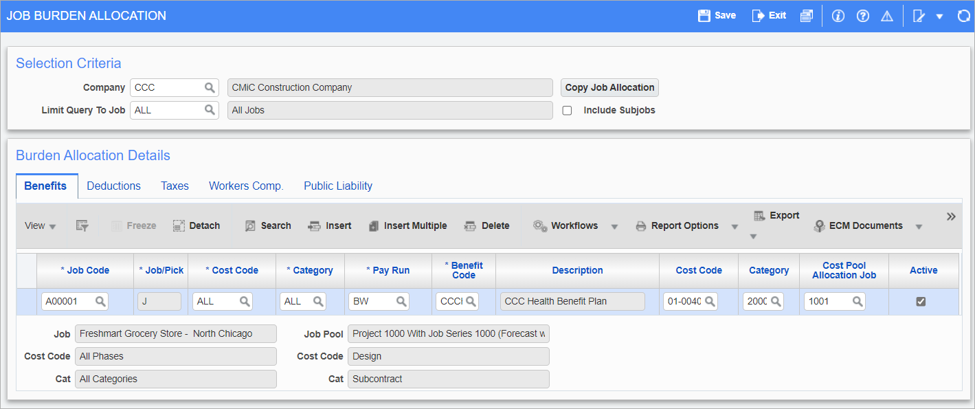 Screenshot of Job Burden Allocation screen