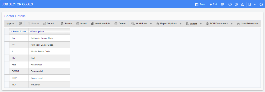 Screenshot of Job Sector Codes.