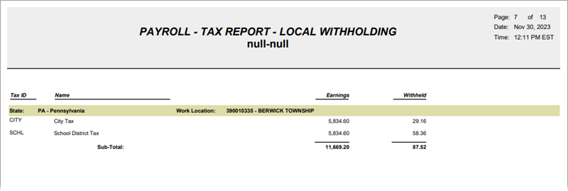Image of sample Local Withholding report