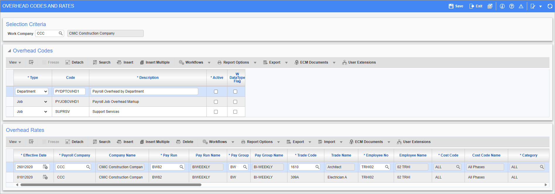 Screenshot of Overhead Codes and Rates.