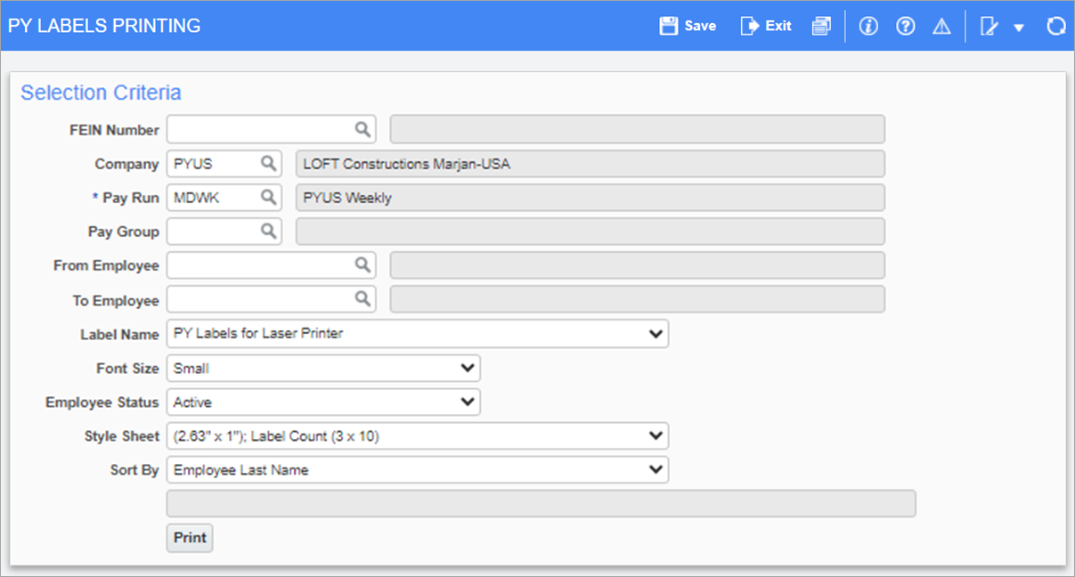 Screenshot of PY Labels Printing parameter screen