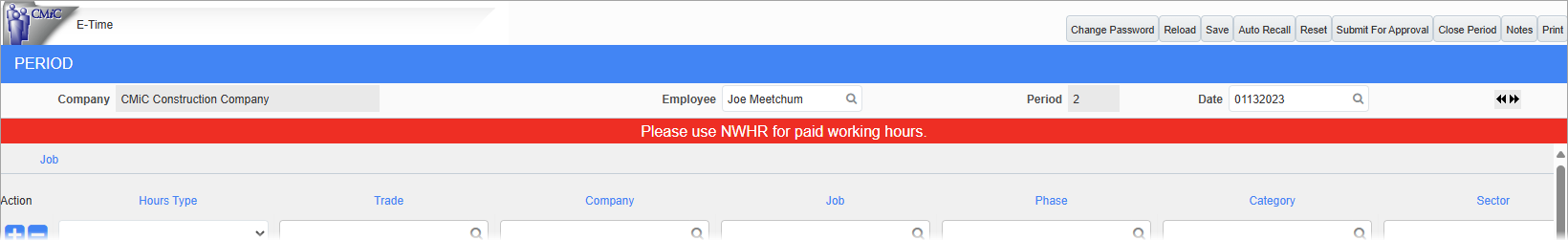 Screenshot of Timesheet Entry in E-Time with message.