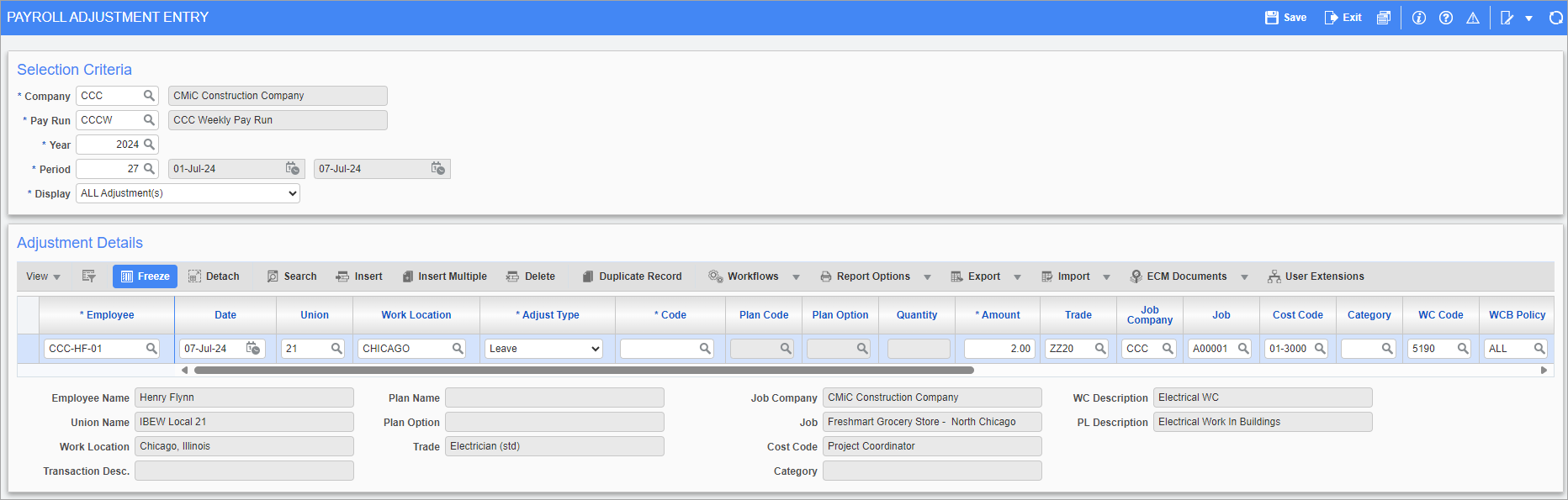 Screenshot of Payroll Adjustment Entry