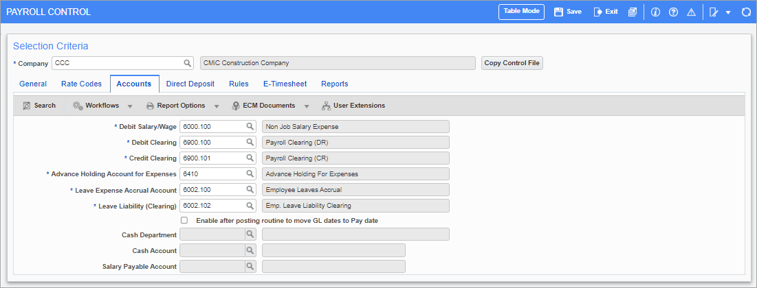 Screenshot of Payrol Control - Accounts tab.