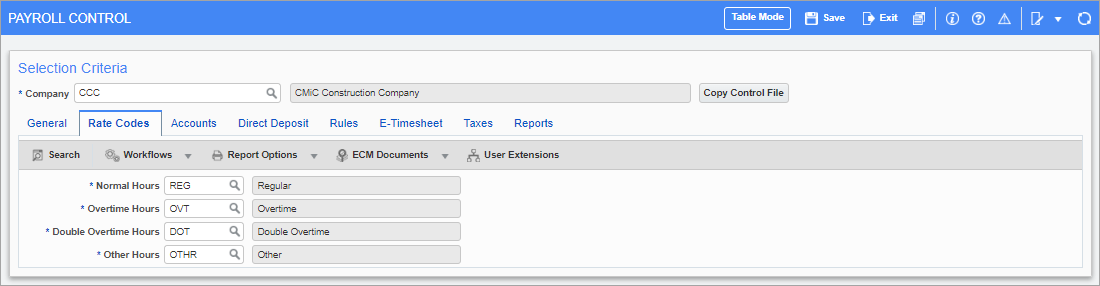 Screenshot of Payroll Control - Rate Codes tab.