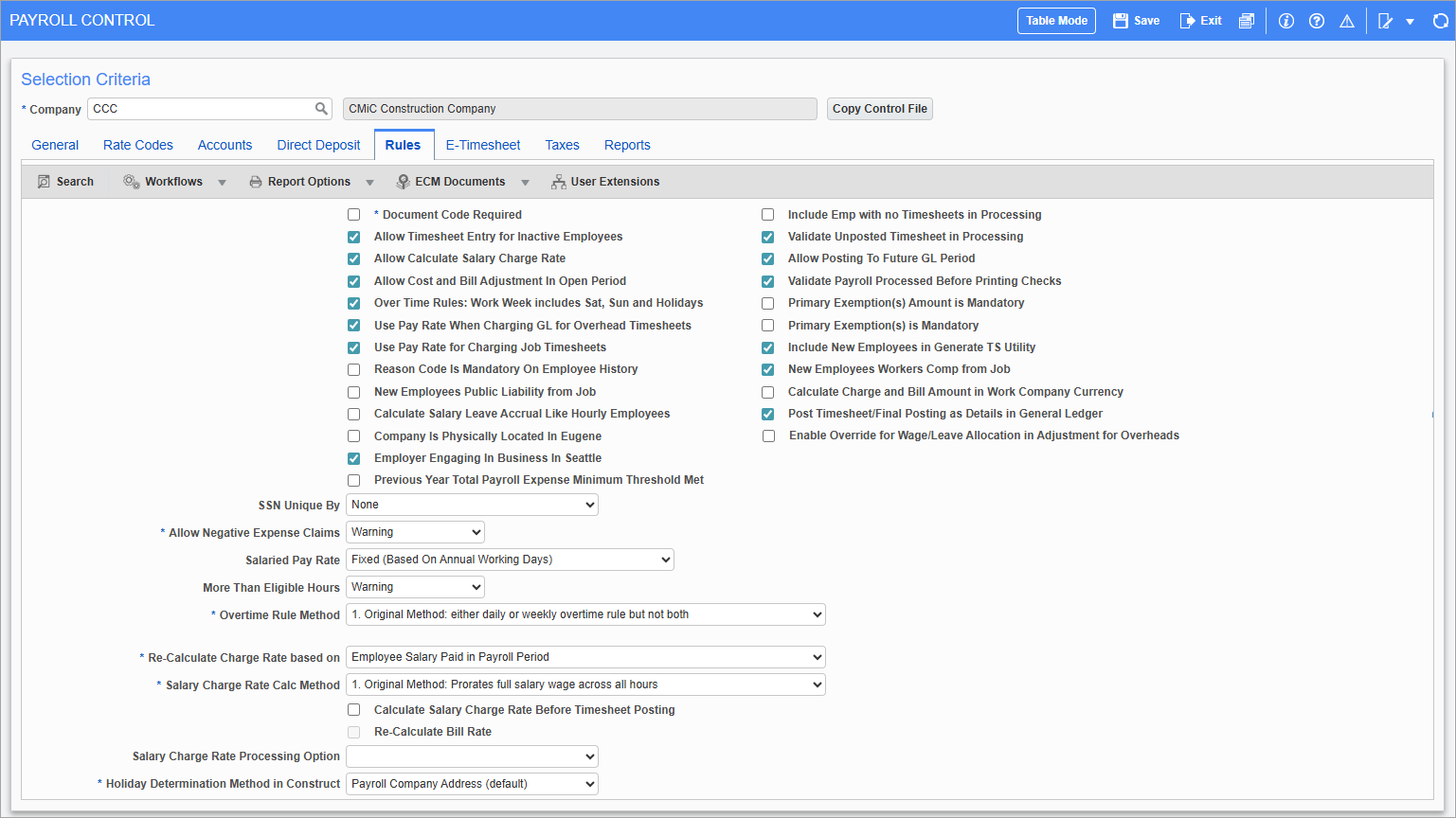 Screenshot of Rules tab on Payroll Control.