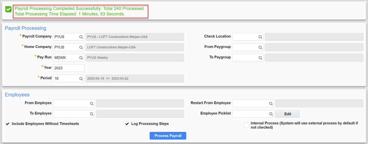 Screenshot of Payroll Processing screen with successful processing message