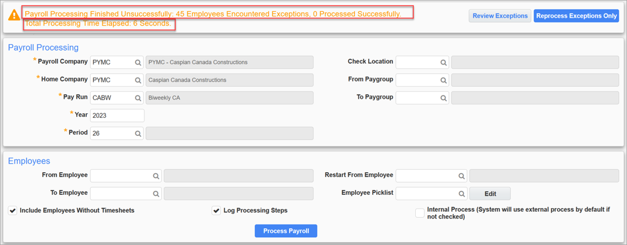 Screenshot of Payroll Processing screen with unsuccessful processing message