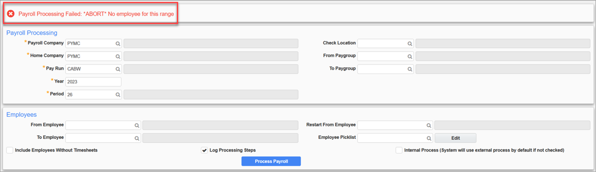 Screenshot of  Payroll Processing screen with failed processing message