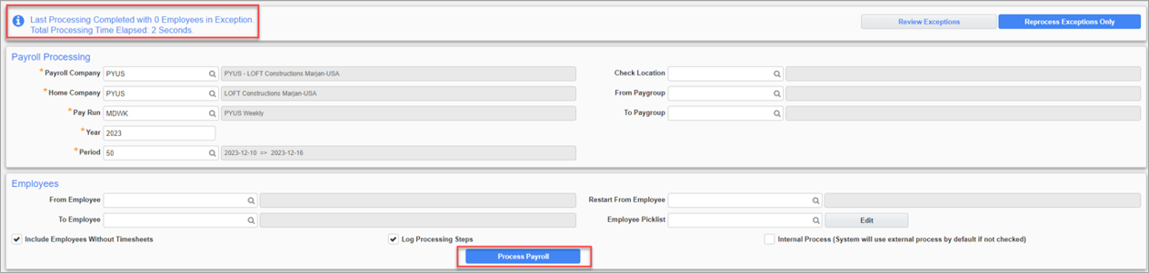 Screenshot of Payroll Processing screen with status of previous processing