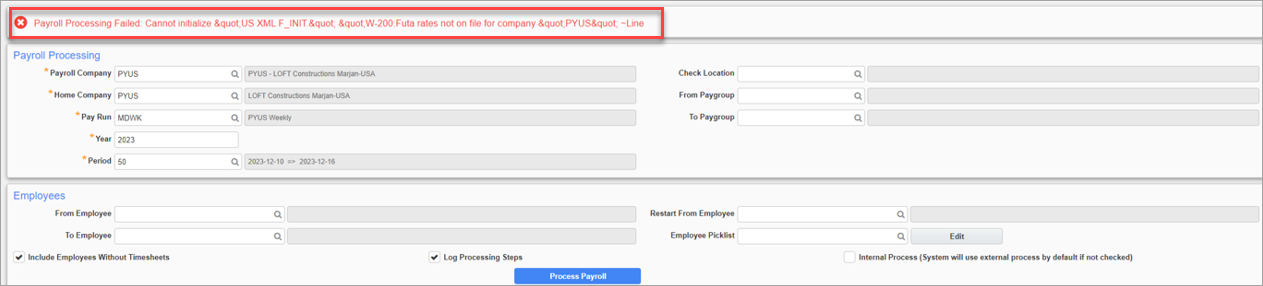Screenshot of Payroll Processing screen with failed processing message