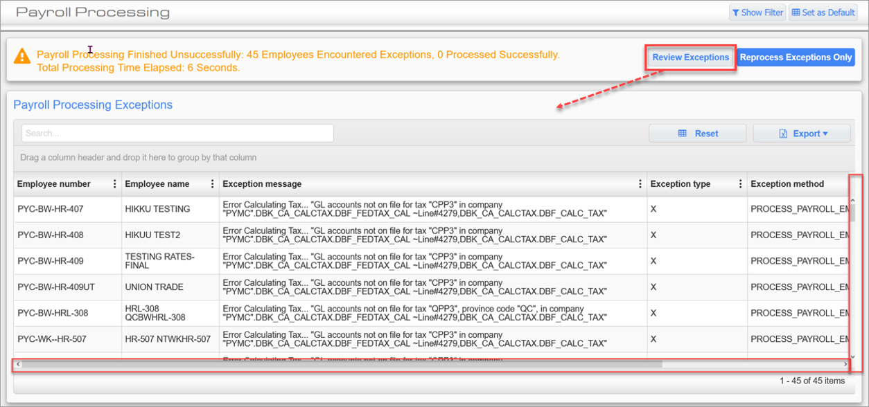 Screenshot of Payroll Processing Exceptions screen launched from [Review Exceptions] button