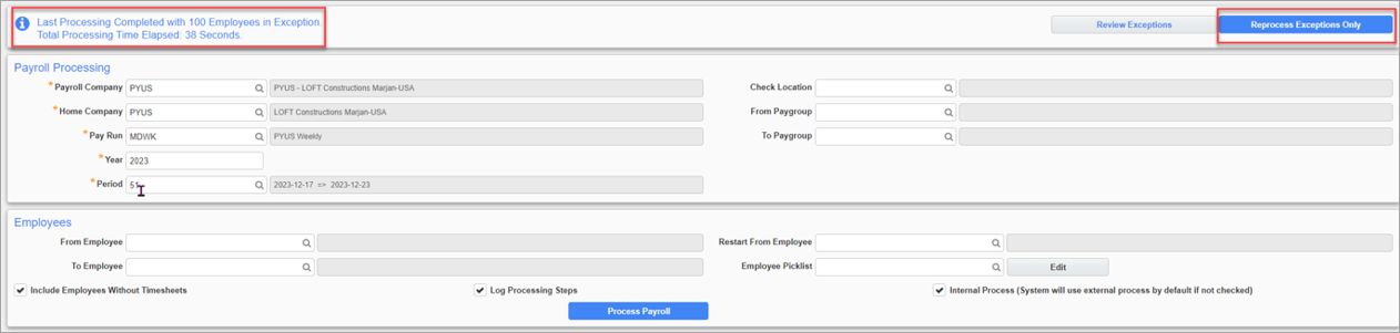 Screenshot of Payroll Processing screen with status of previous processing