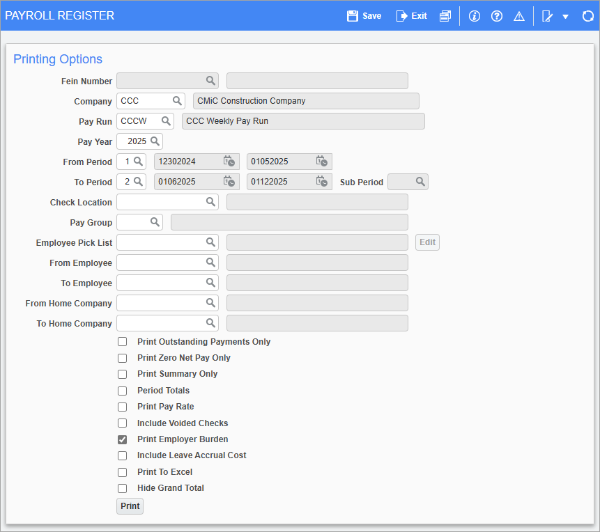 Screenshot of Payroll Register screen.