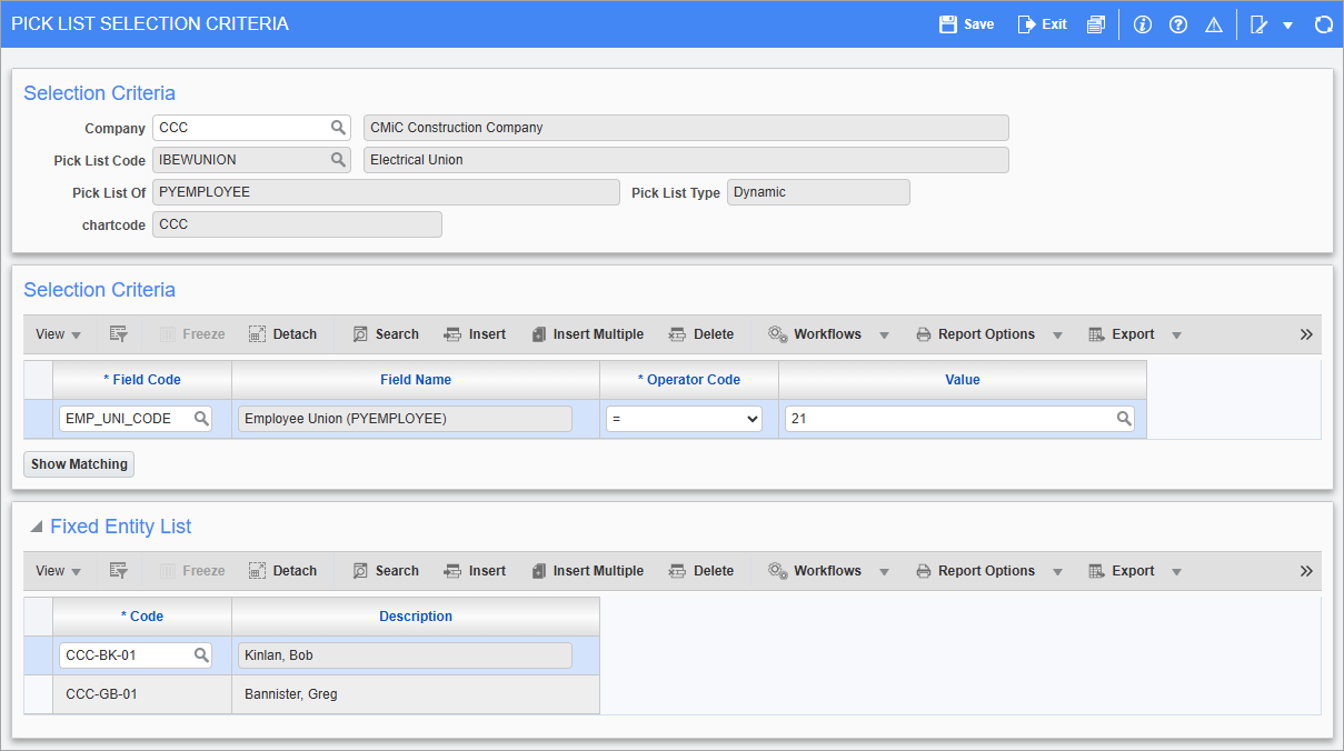 Screenshot of Pick List Selection Criteria.
