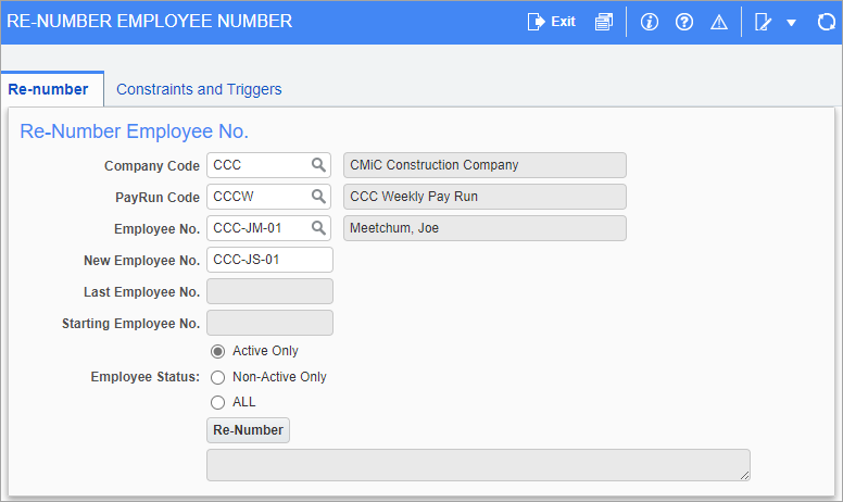 Screenshot of Renumber Employee Number