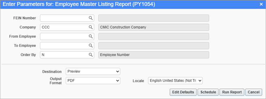Screenshot of Employee Master Listing Report parameter screen.