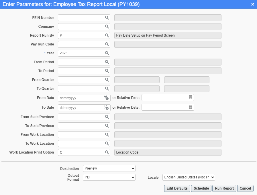Screenshot of Tax Status Report - Local parameter screen.