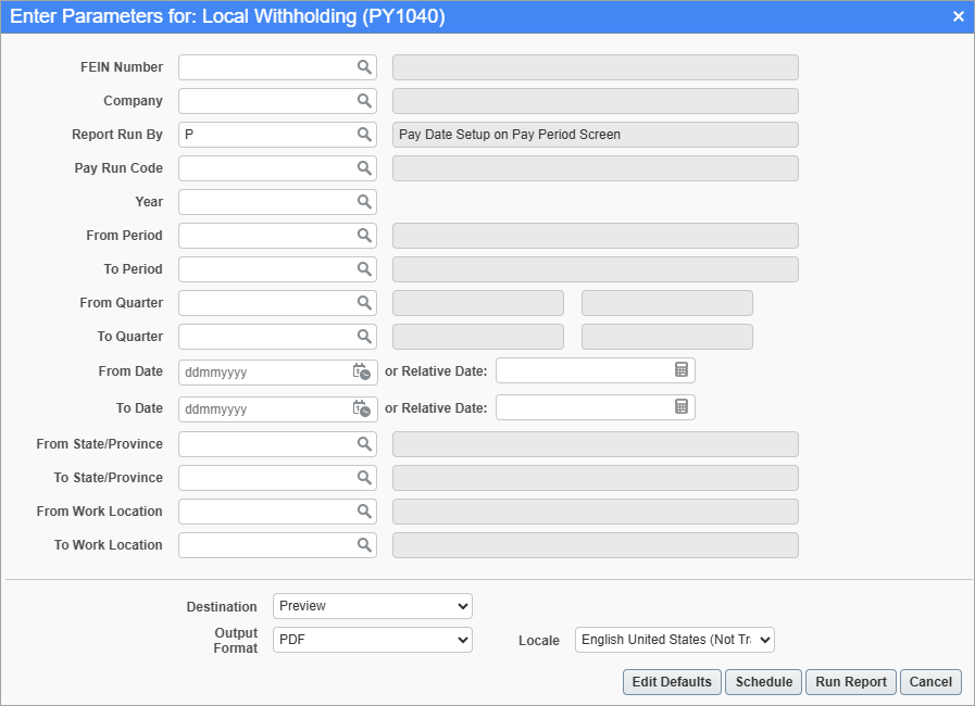 Screenshot of Local Withholding parameter screen.