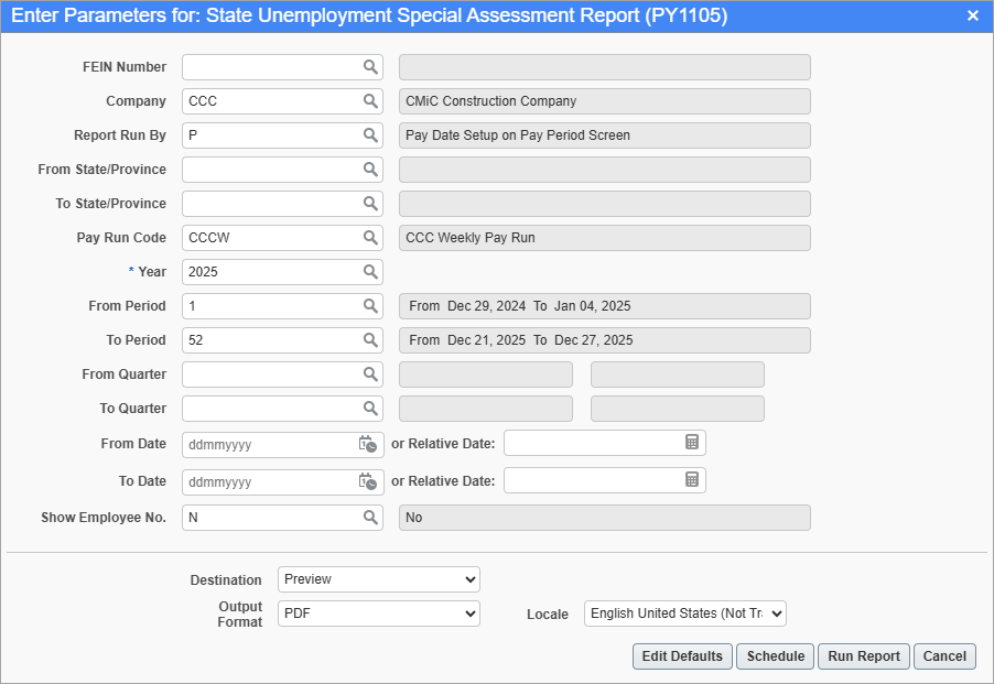 Screenshot of State Unemployment Special Assessment Report parameter screen.
