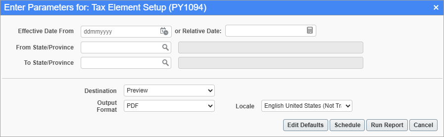 Screenshot of Tax Element Setup parameter screen.