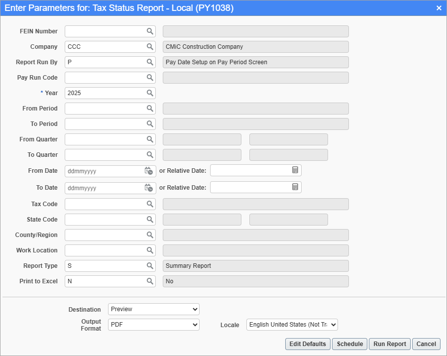 Screenshot of Tax Status Report - Local parameter screen.