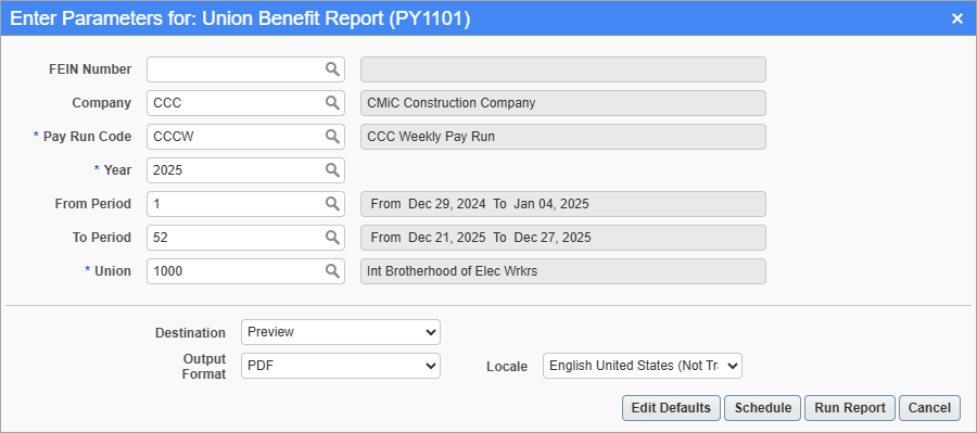 Screenshot of Union Benefit Report parameter screen.