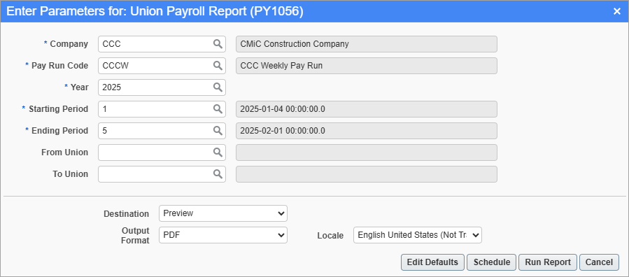 Screenshot of parameter screen for Union Payroll Report
